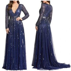 Mac Duggal Sequined V-Neck Illusion Long Sleeve A Line Gown Sz. 18 4977 Midnight